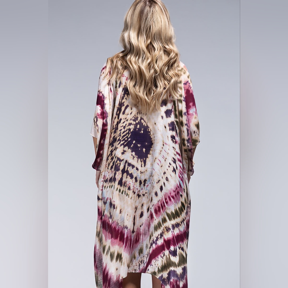Tie-dye Kimono Maroon Multi Color Kimono / Swimsuit Coverup - Lightweight Silky - Picture 5 of 5